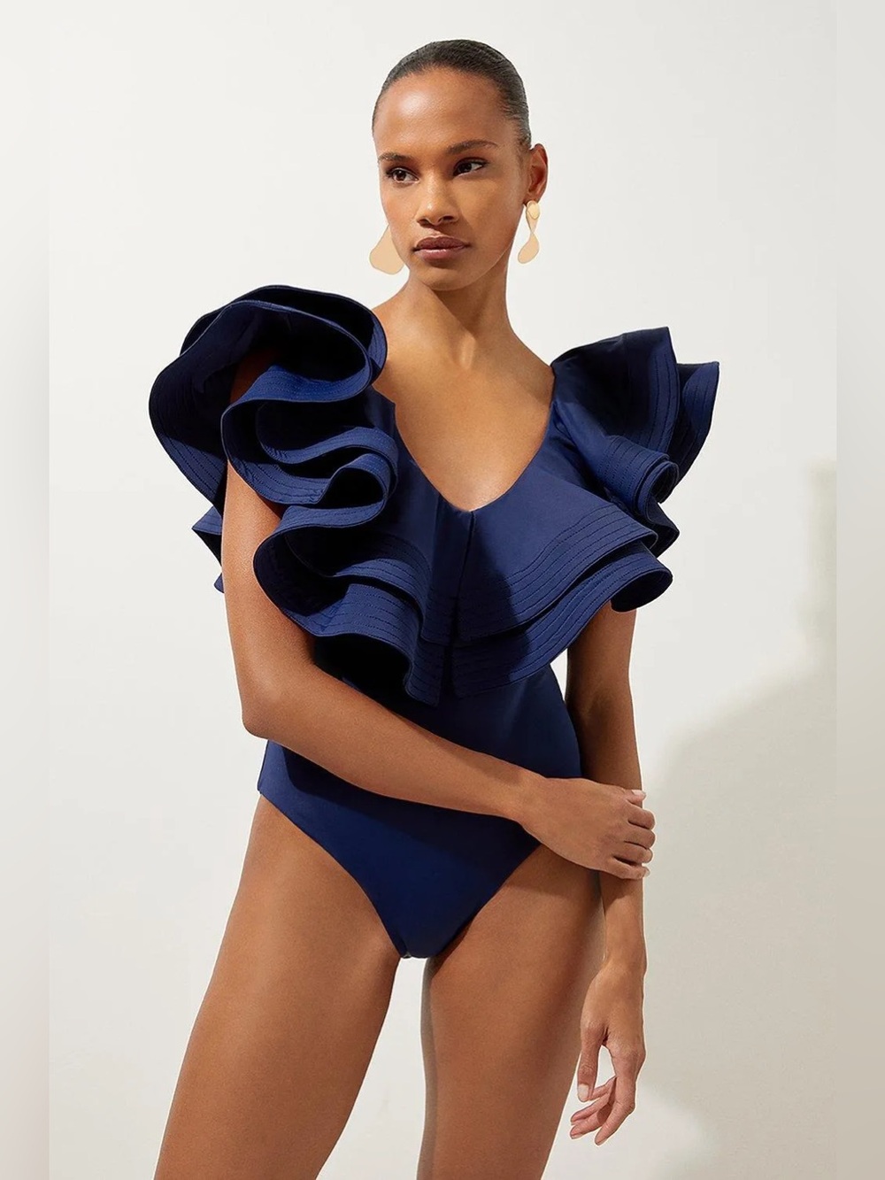 Karen Millen Drama Frill Swimsuit Navy One Piece Ruffle Luxury Swimwear Size M